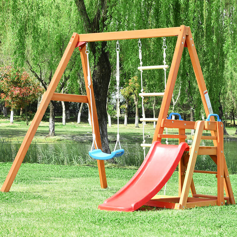 95" Playground Wooden Swing Set with Orange Slide - Outdoor Playset