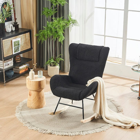 36.5" Modern Nursery Rocking Chair with Wooden Legs - Black Teddy Fabric