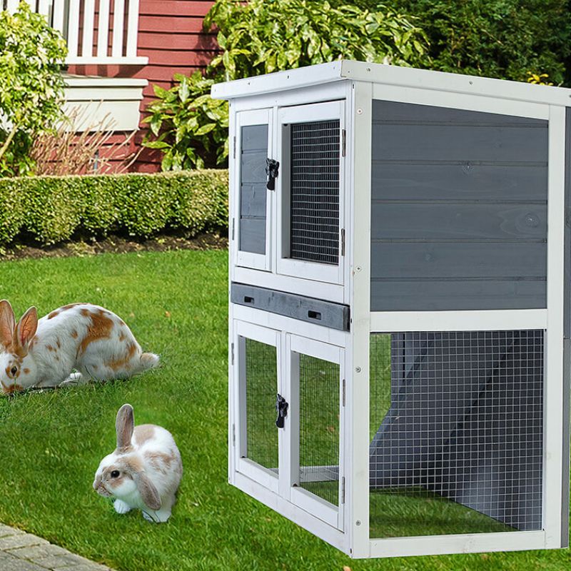 36" Two-layer Wooden Dark Grey Pet House With Easy Clear Tray