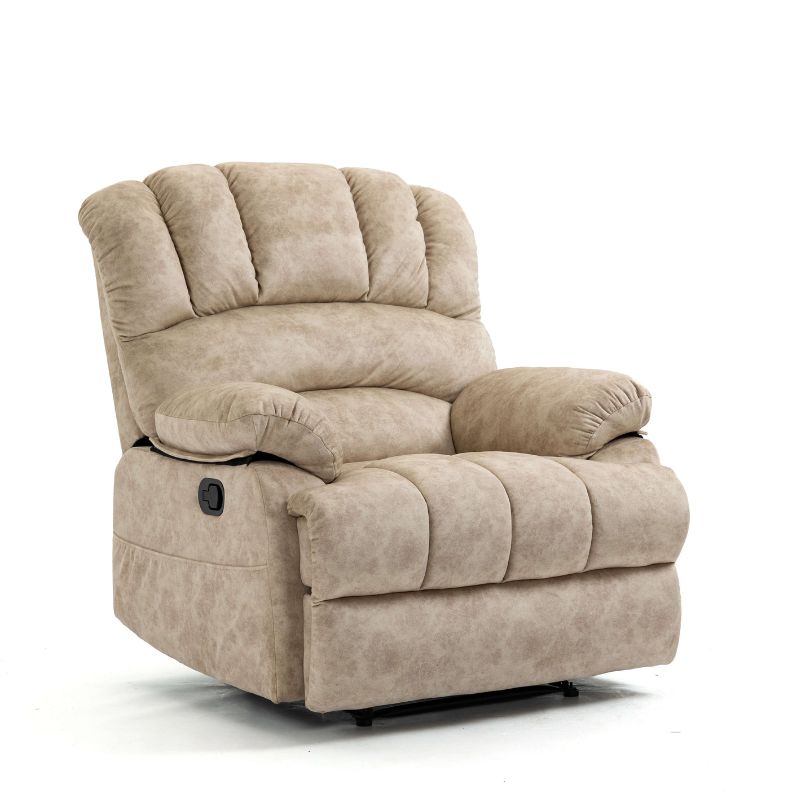 Beige Overstuffed Fabric Large Manual Recliner Chair