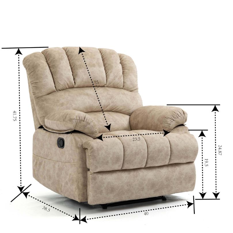 A dimension image of our Beige Overstuffed Fabric Large Manual Recliner Chair