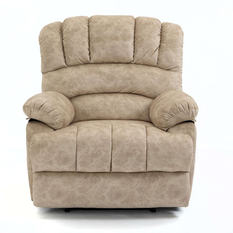 Beige Overstuffed Fabric Large Manual Recliner Chair