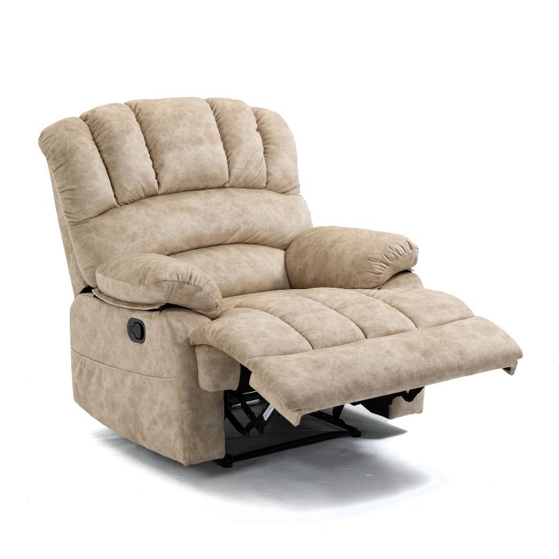 Beige Overstuffed Fabric Large Manual Recliner Chair