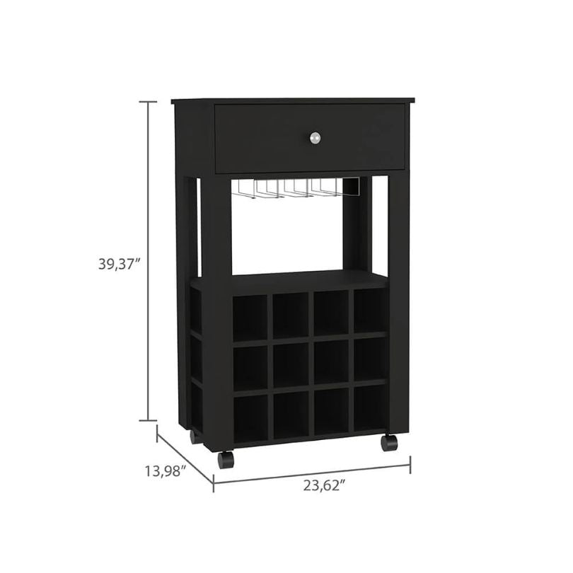 A dimension Image of our Black 12-wine Cubbies Bar Cart with Open Shelf and 4 Legs