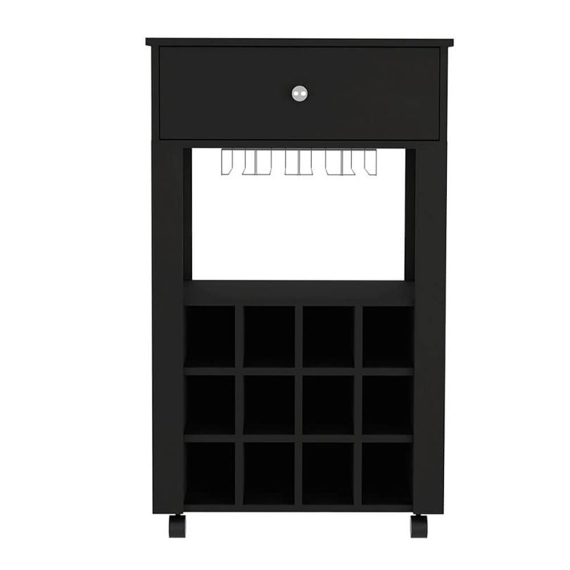 Black 12-wine Cubbies Bar Cart with Open Shelf and 4 Legs