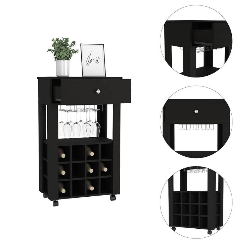 Black 12-wine Cubbies Bar Cart with Open Shelf and 4 Legs