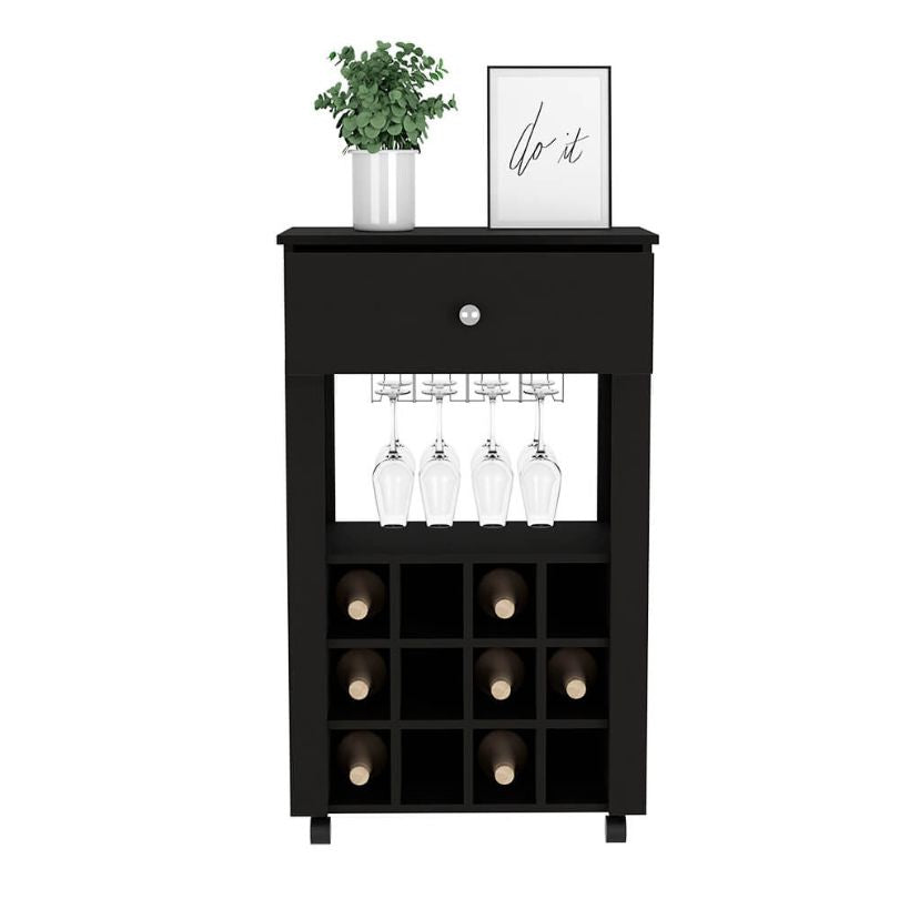 Black 12-wine Cubbies Bar Cart with Open Shelf and 4 Legs