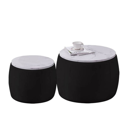 Black 2-set Round Ottoman Storage Coffee Table with White Wood Lid