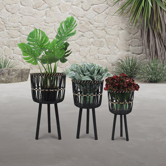  Black Bamboo Standing Planter Pots - Set of 3