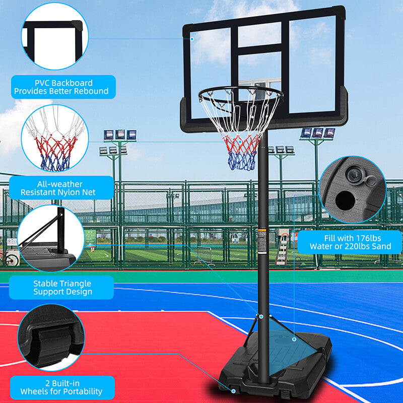 Black Portable Iron Basketball Hoop with 44" Backboard and Wheels - Adjustable Height 6.6ft - 10ft