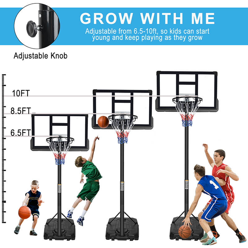 Black Portable Iron Basketball Hoop with 44" Backboard and Wheels - Adjustable Height 6.6ft - 10ft