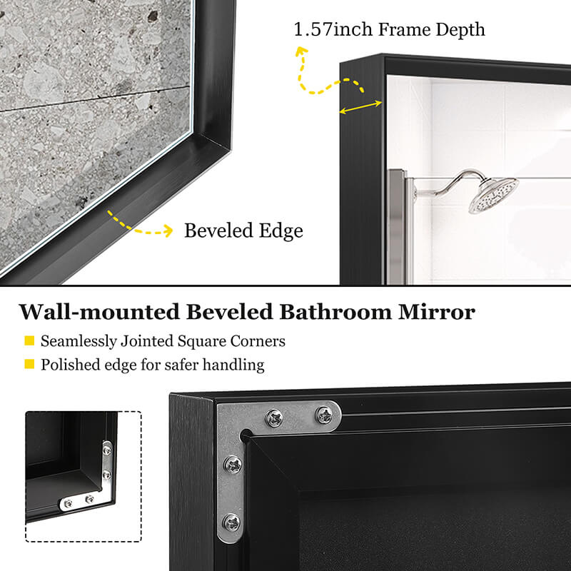 Black Rectangle Wall-Mounted Beveled Bathroom Mirror - W48" x H30"