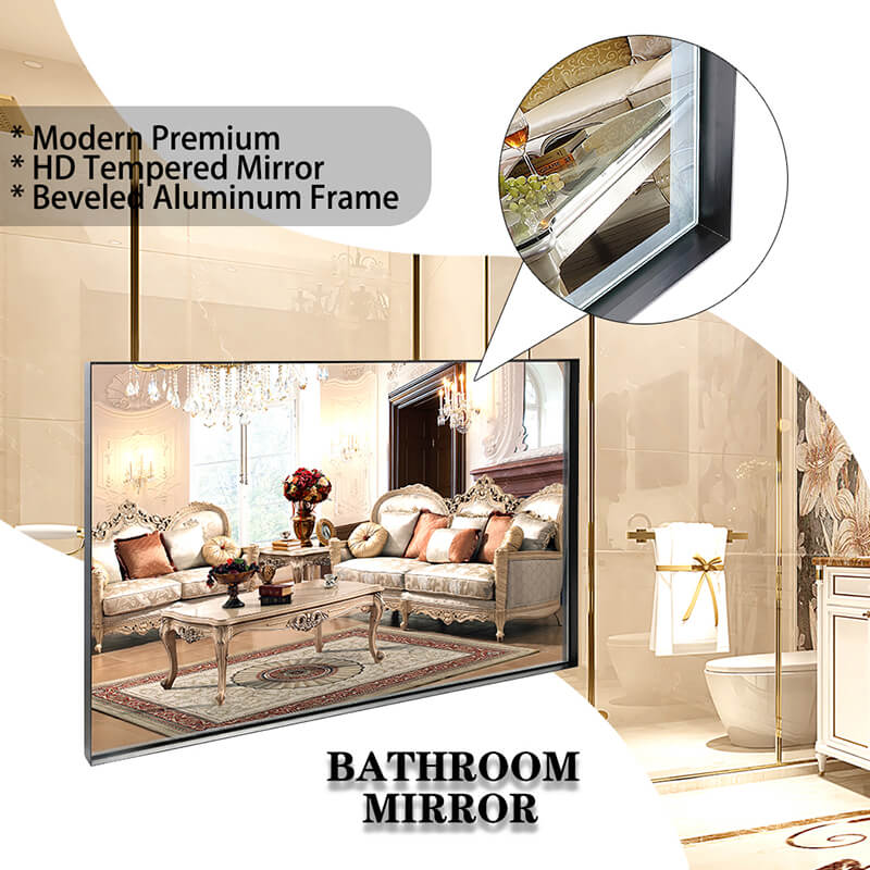 Black Rectangle Wall-Mounted Beveled Bathroom Mirror - W48" x H30"