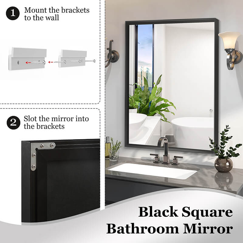 Black Rectangle Wall-Mounted Beveled Bathroom Mirror - W48" x H30"