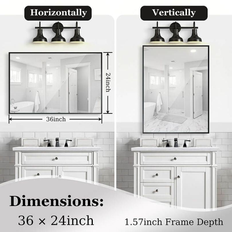 Black Square Angle Metal-frame Wall-mounted Rectangle Bathroom Vanity Mirror 36" x 24"