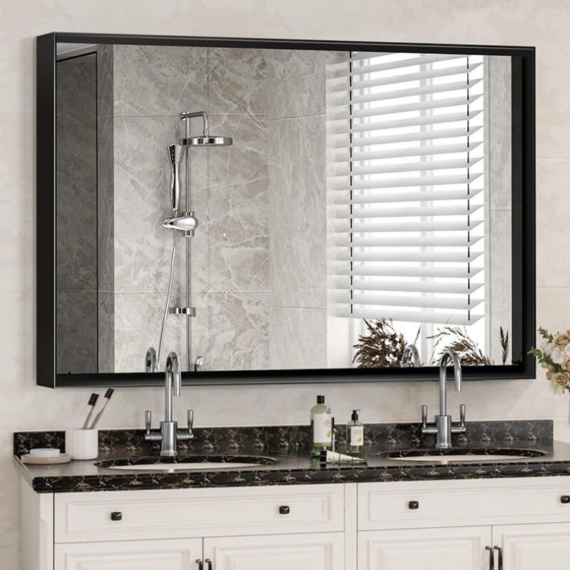 Black Square Angle Metal-frame Wall-mounted Rectangle Bathroom Vanity Mirror 36" x 24"