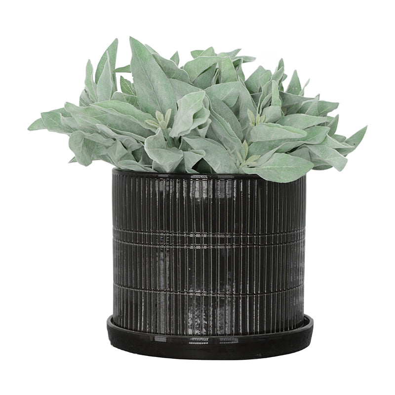 10/12" Black Textured Ceramic Planter with Saucer