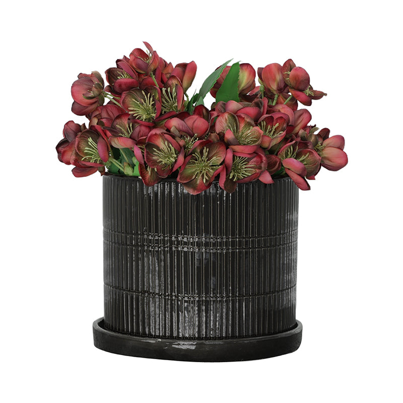 10/12" Black Textured Ceramic Planter with Saucer