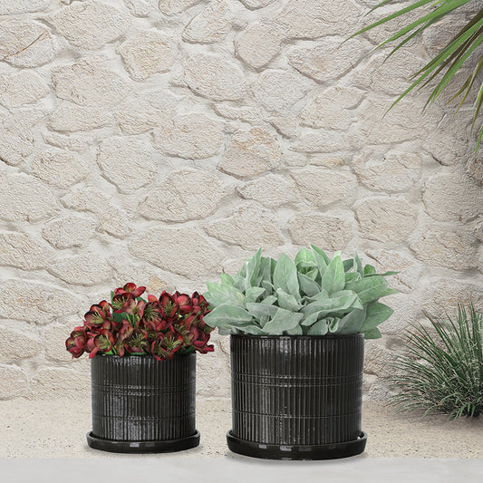 10/12" Black Textured Ceramic Planter with Saucer