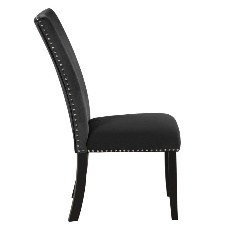 side view showing the nailhead trimmed of the black accent chair 