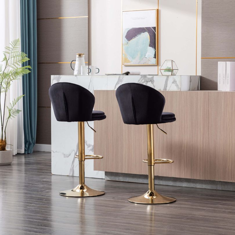 The back view of the Black Velvet Swivel Height Chrome Gold Stool