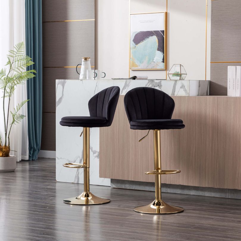 2-sets of The Black Velvet  Swivel Height Chrome Gold Stool 