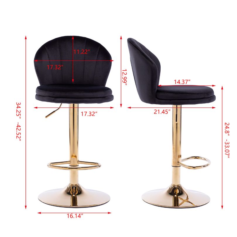 A dimension Image of the Black Velvet Swivel Height Chrome Gold Stool