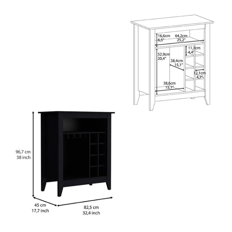 A dimension Image of our Black Wengue Bar Cabinet with 8-Bottle Cubbies and Open Shelf - 17.7" x 32.4"