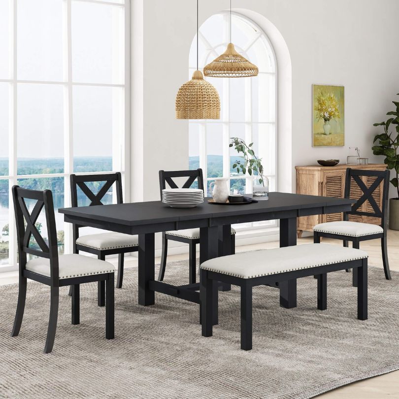 Black+Beige Farmhouse 6-piece Dining Table with 4 Dining Chairs and Bench