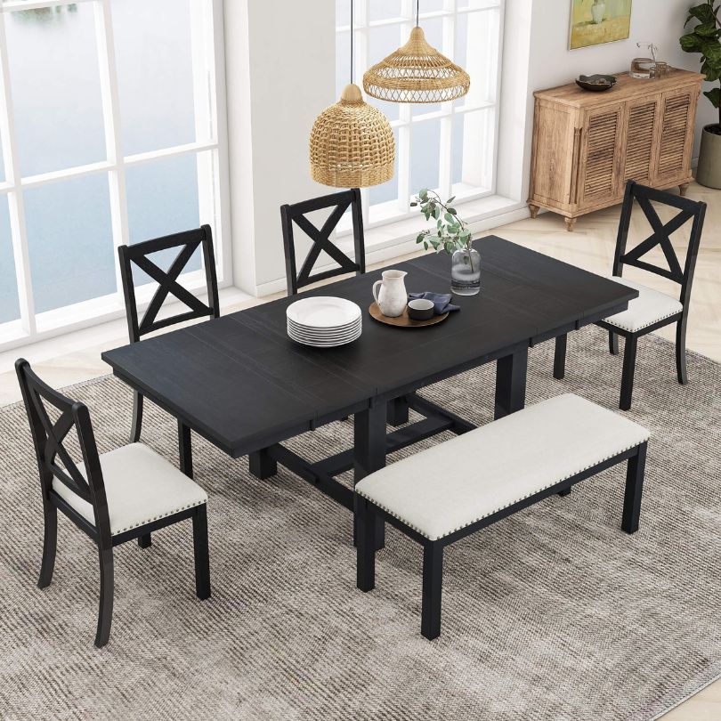 Black+Beige Farmhouse 6-piece Dining Table with 4 Dining Chairs and Bench