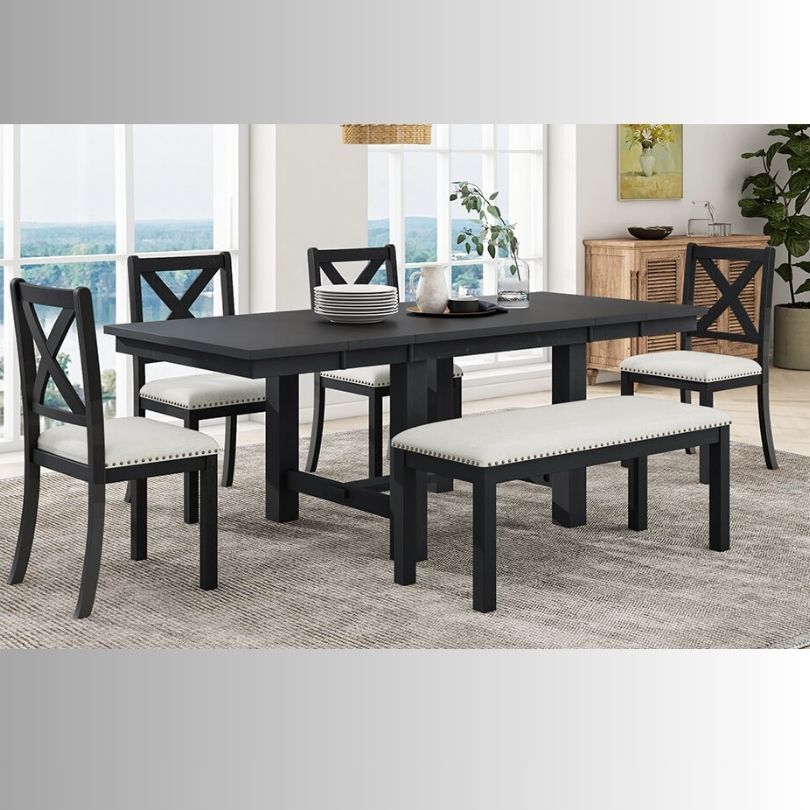 Black+Beige Farmhouse 6-piece Dining Table with 4 Dining Chairs and Bench