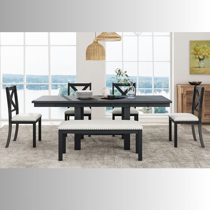 Black+Beige Farmhouse 6-piece Dining Table with 4 Dining Chairs and Bench