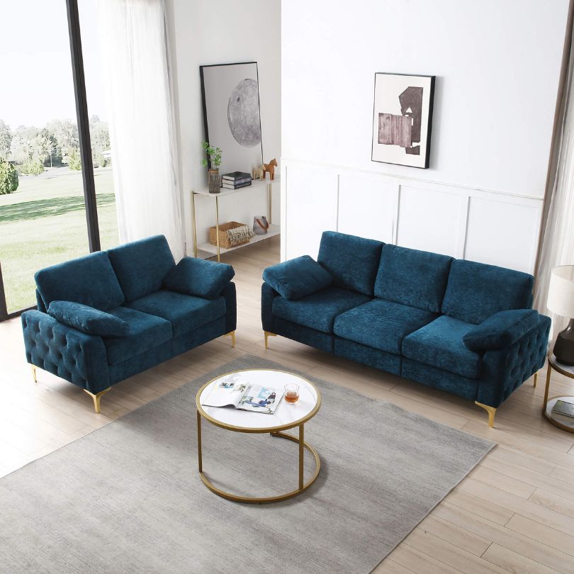 Blue Chenille 2-piece Diamond Tufted Sofa Set - the 2 seater and the 3-seater 