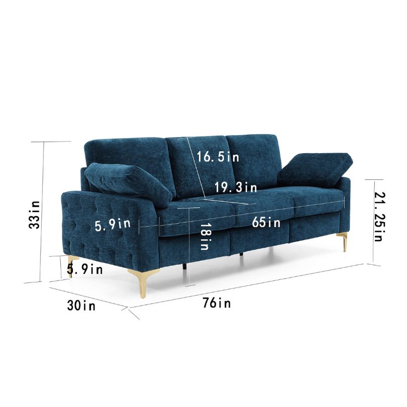 A dimension image of the 3-seater blue chenille sofa