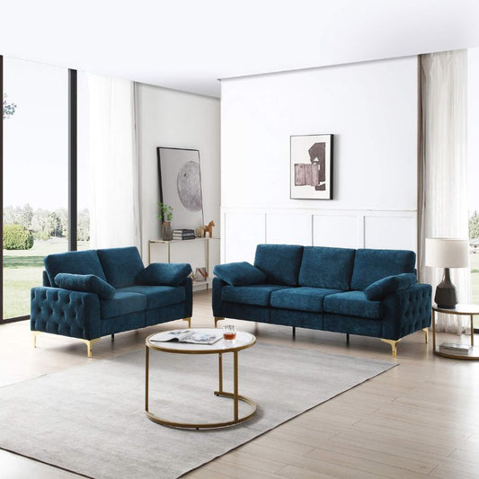 Blue Chenille 2-piece Diamond Tufted Sofa Set - 2 seater and the 3 Seater 