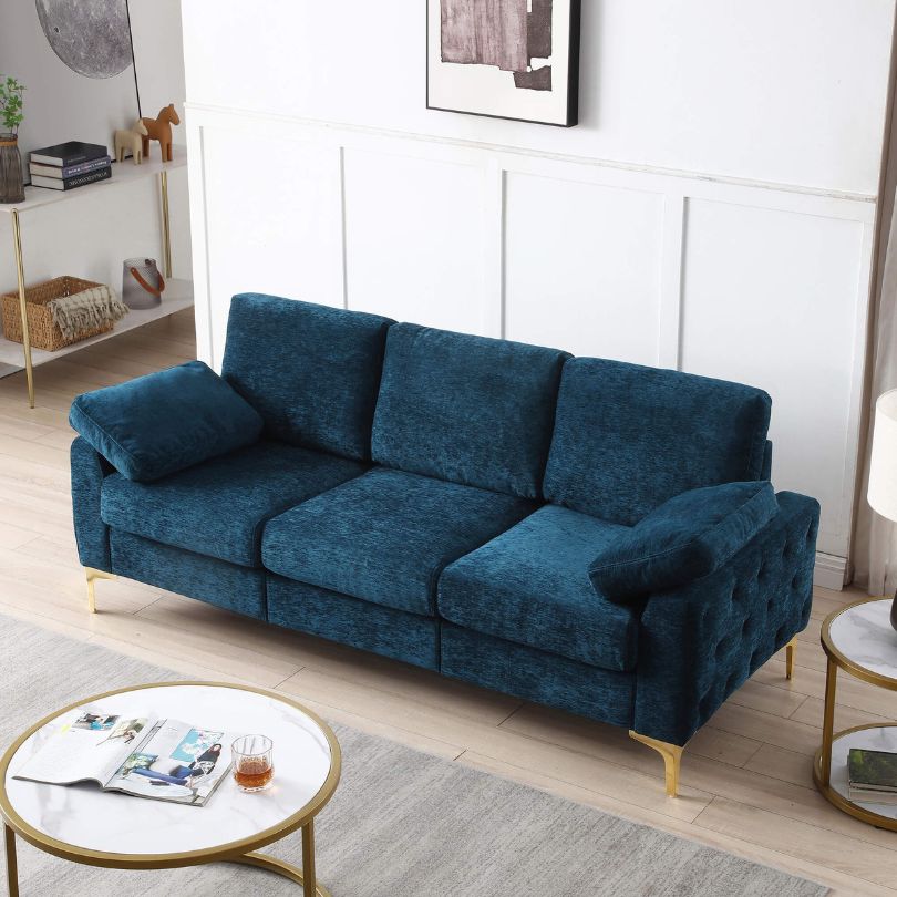 Blue Chenille Upholstered 3-seater Couch