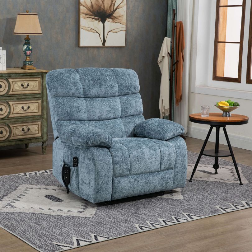 Chenille Blue Dual-motor Heat and Massage Lift Recliner Chair