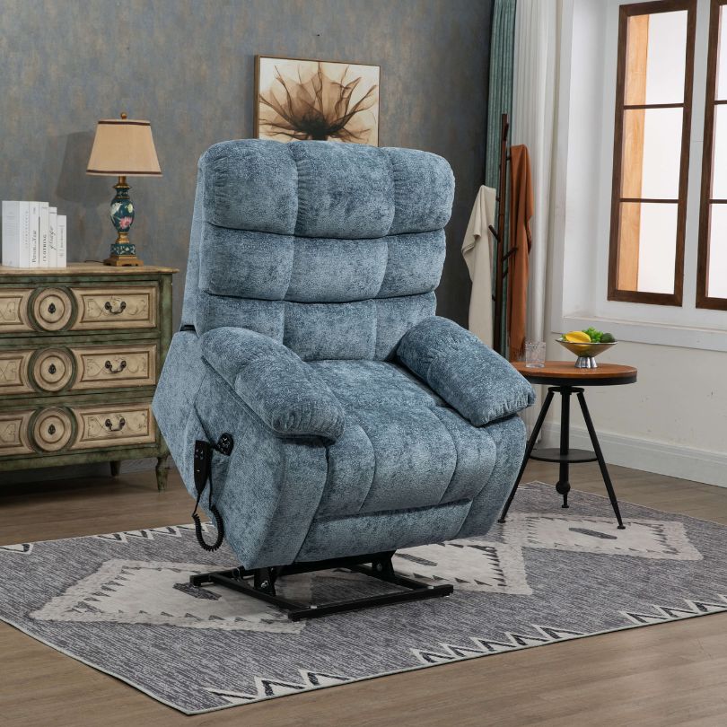 Chenille Blue Dual-motor Heat and Massage Lift Recliner Chair