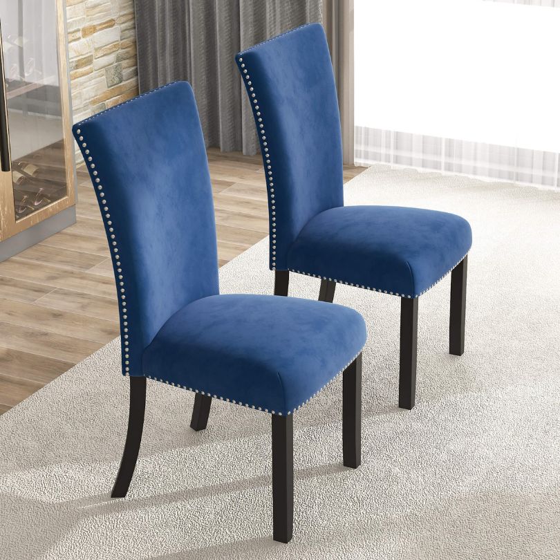 Blue Velvet Upholstered 2-set Dining Chair with Nailhead-trimmed and Rubber Wood Legs