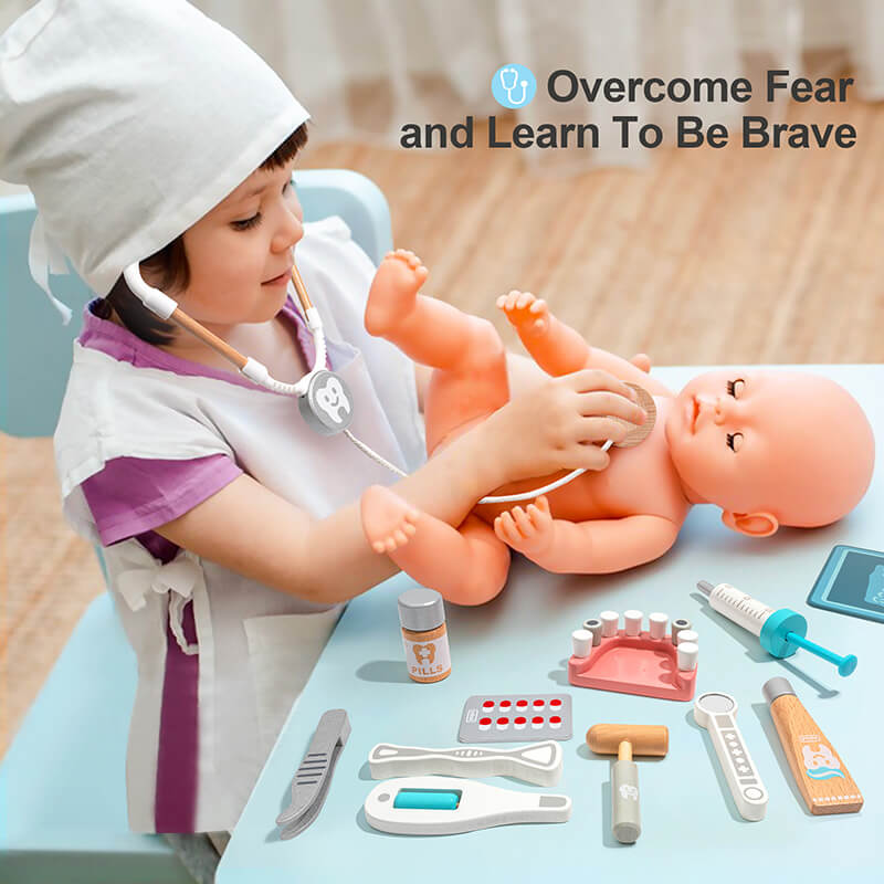 A kid using the stethoscope to check the heart of her baby toy