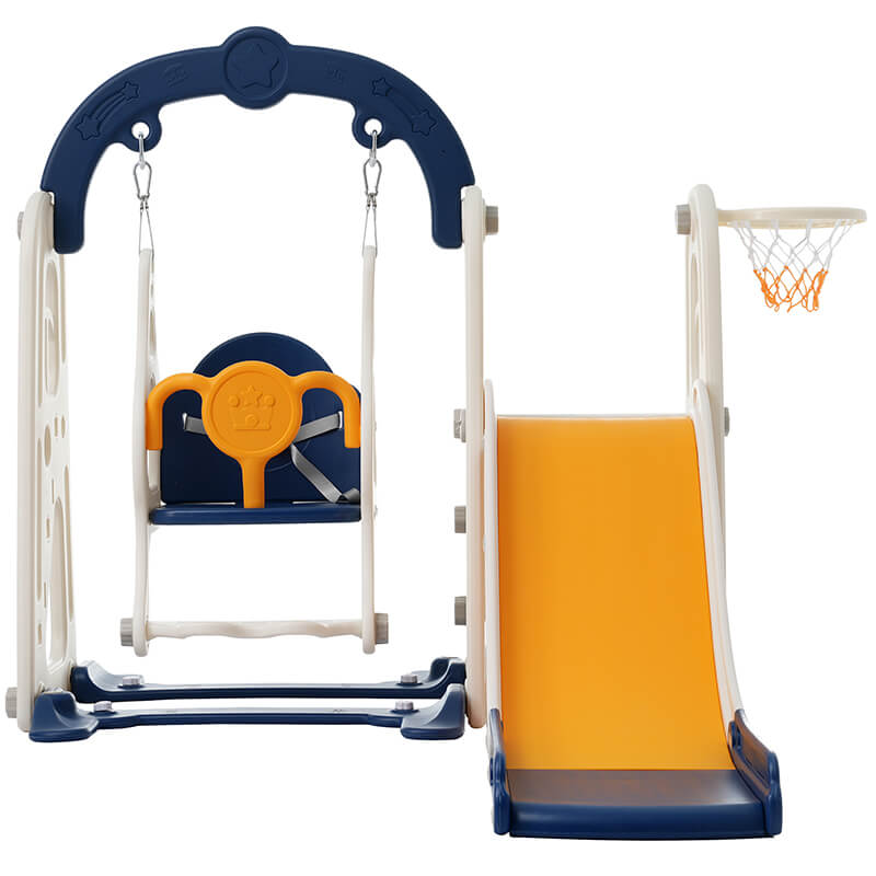 59" Blue and Yellow Toddler Slide and Swing Kid Playground Center with Basketball Hoop