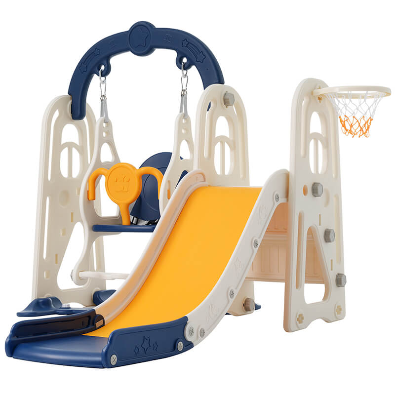 59" Blue and Yellow Toddler Slide and Swing Kid Playground Center with Basketball Hoop