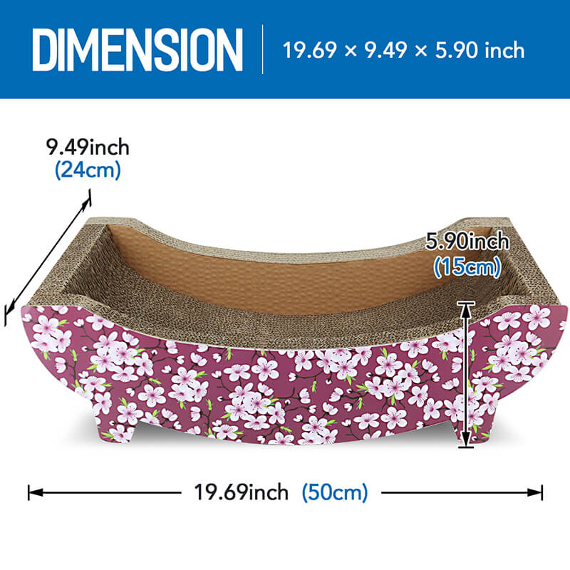 A dimension Image of our Brown Boat-Shaped Cat Scratcher Cardboard and Post Lounge Be 