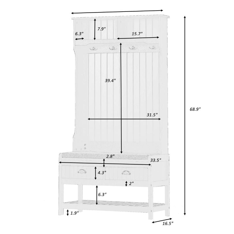 Brown Hall Tree Entryway Storage Bench with Coat Hanger