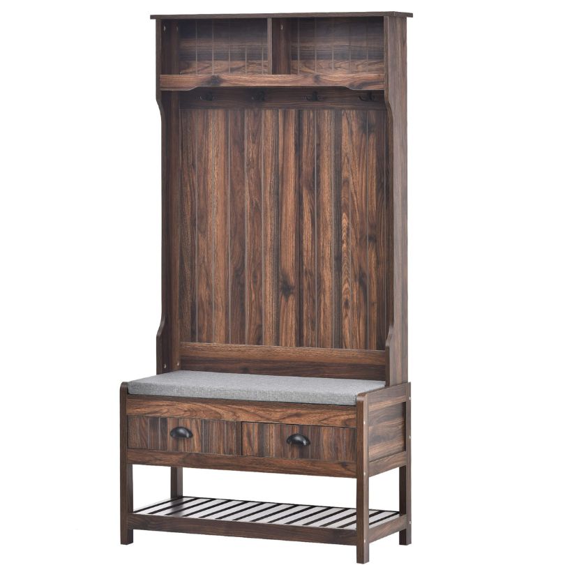 Brown Hall Tree Entryway Storage Bench with Coat Hanger