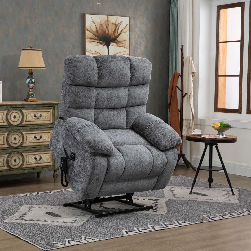 Chenille Grey Dual-motor Heat and Massage Lift Recliner Chair