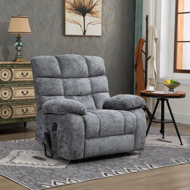 Chenille Grey Dual-motor Heat and Massage Lift Recliner Chair