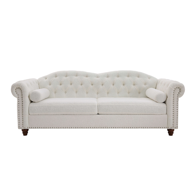 Chesterfield Classic White 3-seater Button Tufted Sofa with Nailhead-trim Rolled Arms