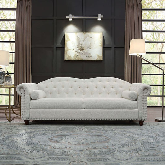 Chesterfield Classic White 3-seater Button Tufted Sofa with Nailhead-trim Rolled Arms