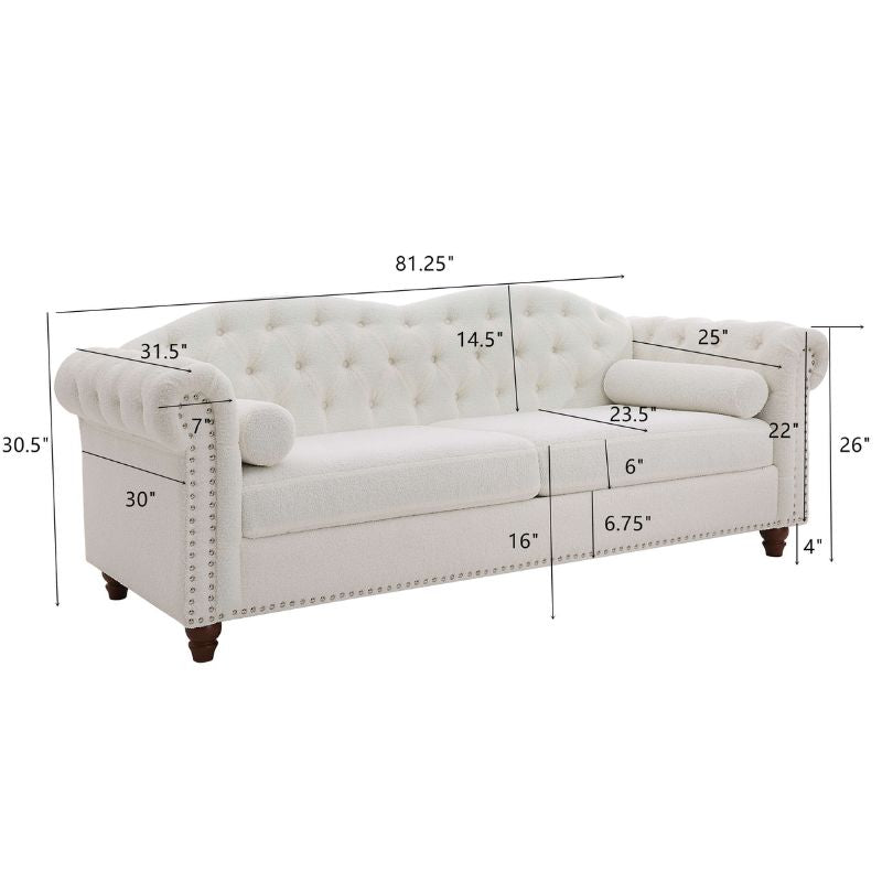 A dimension Image of our Chesterfield Classic White 3-seater Button Tufted Sofa with Nailhead-trim Rolled Arms